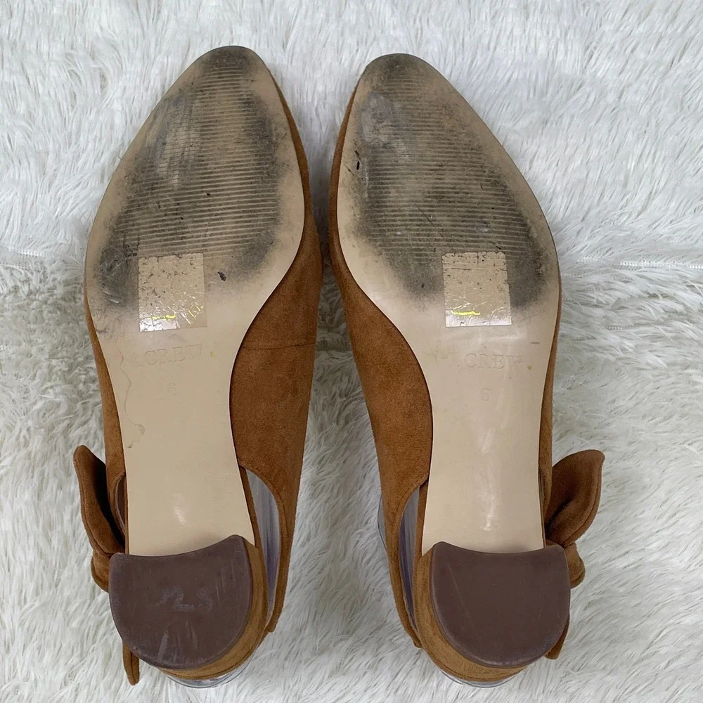 J.Crew Slingback Pumps Women 6 Brown Excellent Bow Suede Block Heel Pointed Toe